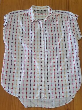 LOFT White Cap-Sleeve Button-Front Top with Multicolor Dot Stripe